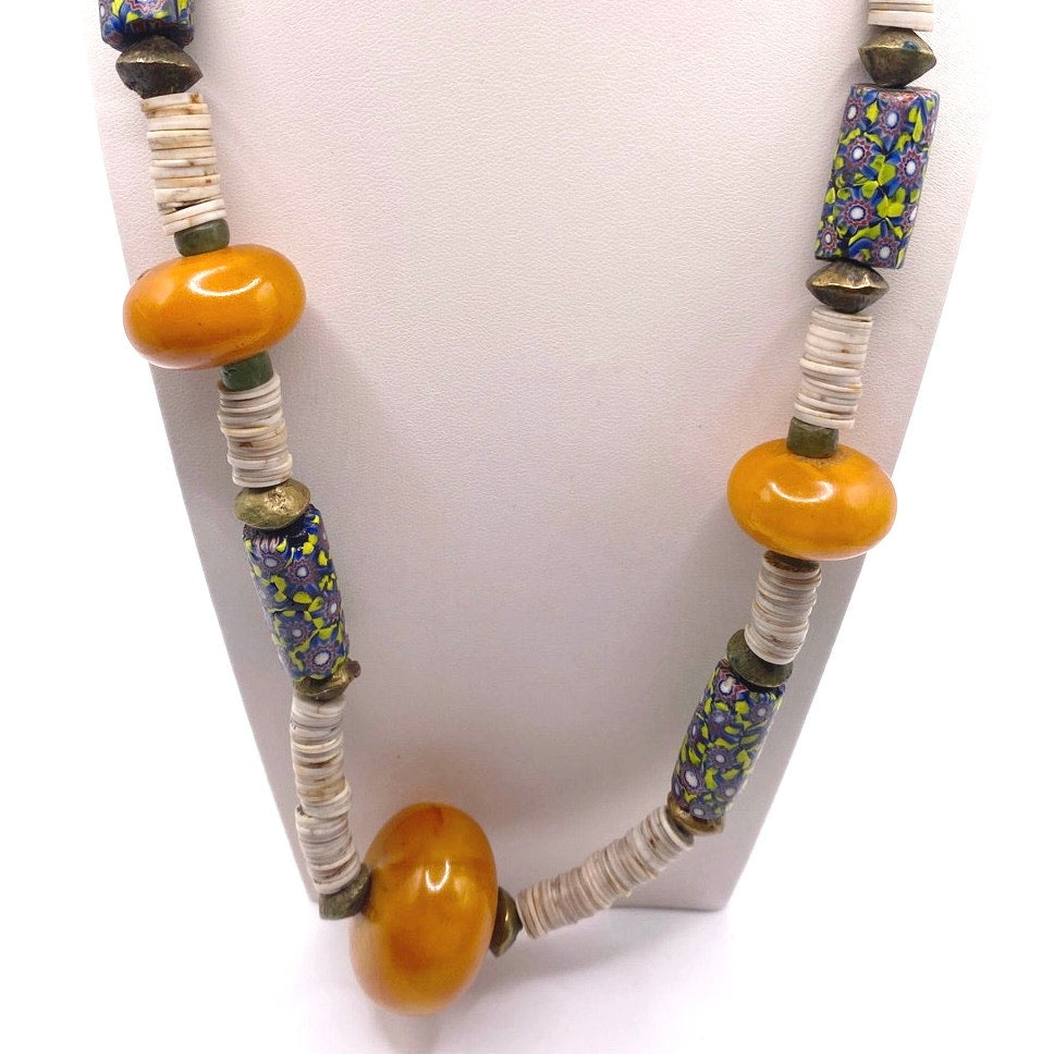 Vtg Necklace Butterscotch Amber Beads and Italian Milllefiori Beads 40” long