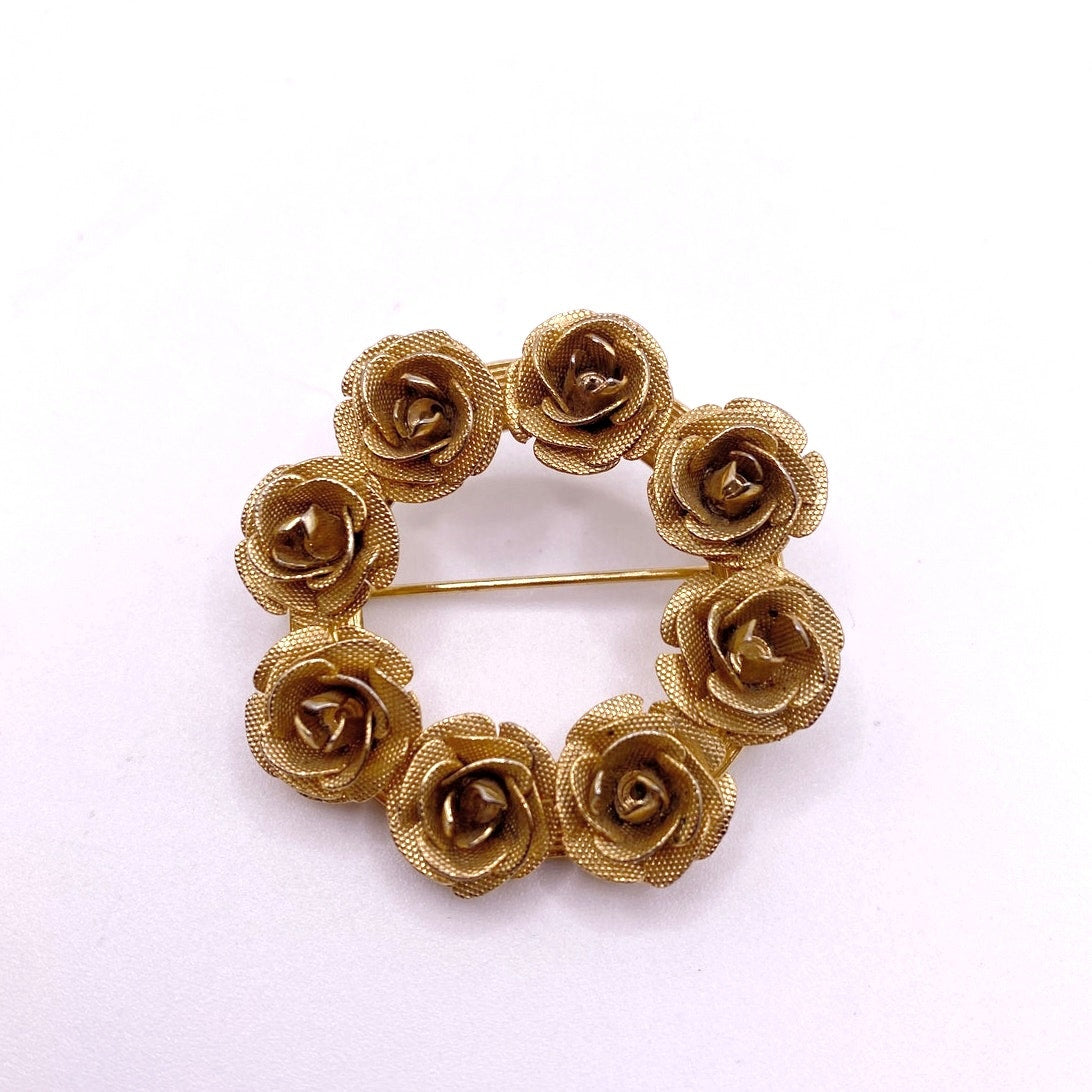 Vintage Mesh Metal Flower Crown Brooch Gold Tone Filigree