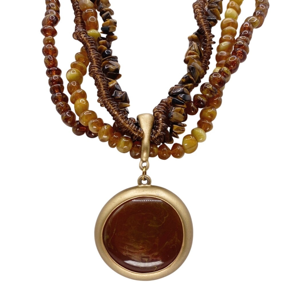 Vintage Amber Tone Lucite MultiStrand Necklace with Cabochon Pendant