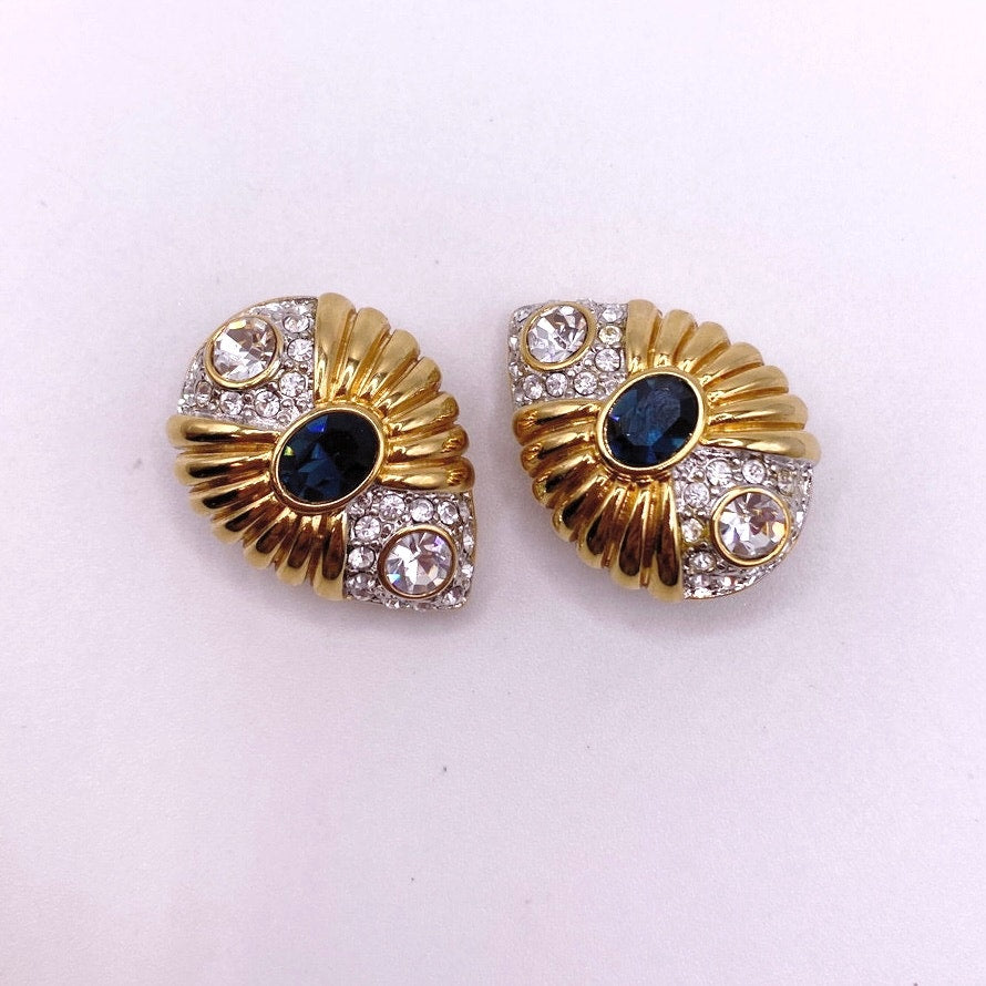 Nolan Miller Vintage Clip On Earrings Gold Tone and Rhinestones White and Blue