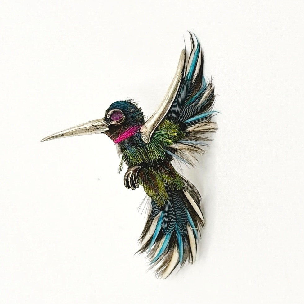 Sterling Silver Hummingbird with Feathers and Ruby Eye Artisan Handmade Pin 2”