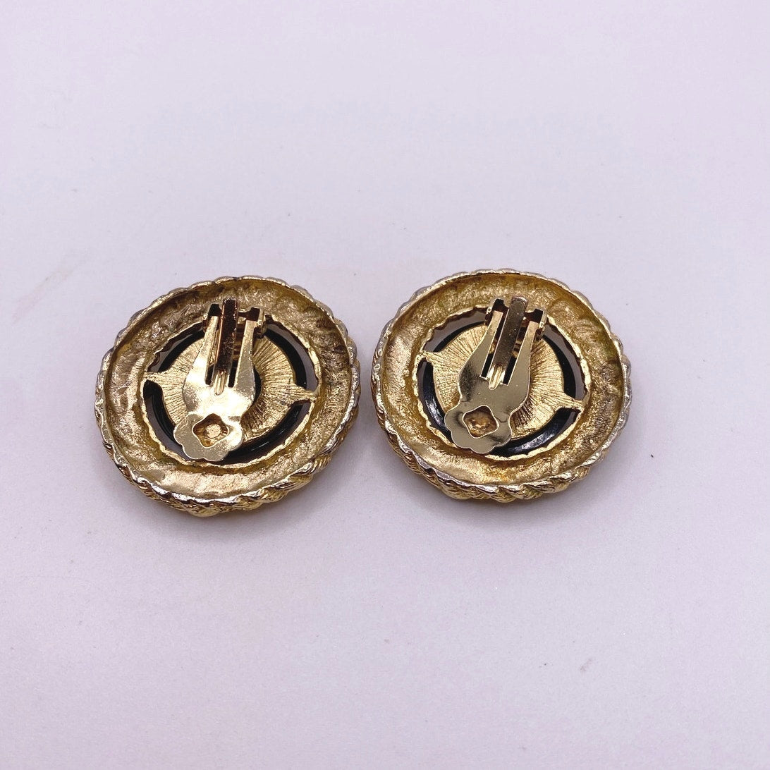 Vintage Earrings With Black Lucite Stone Retro Clip On