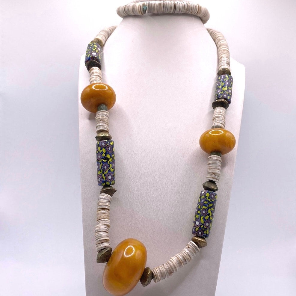Vtg Necklace Butterscotch Amber Beads and Italian Milllefiori Beads 40” long