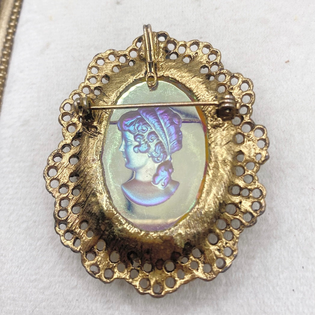 Vintage Brooch and Pendant Intaglio Glass Cameo Gold Tone Filigree Chrome 2”
