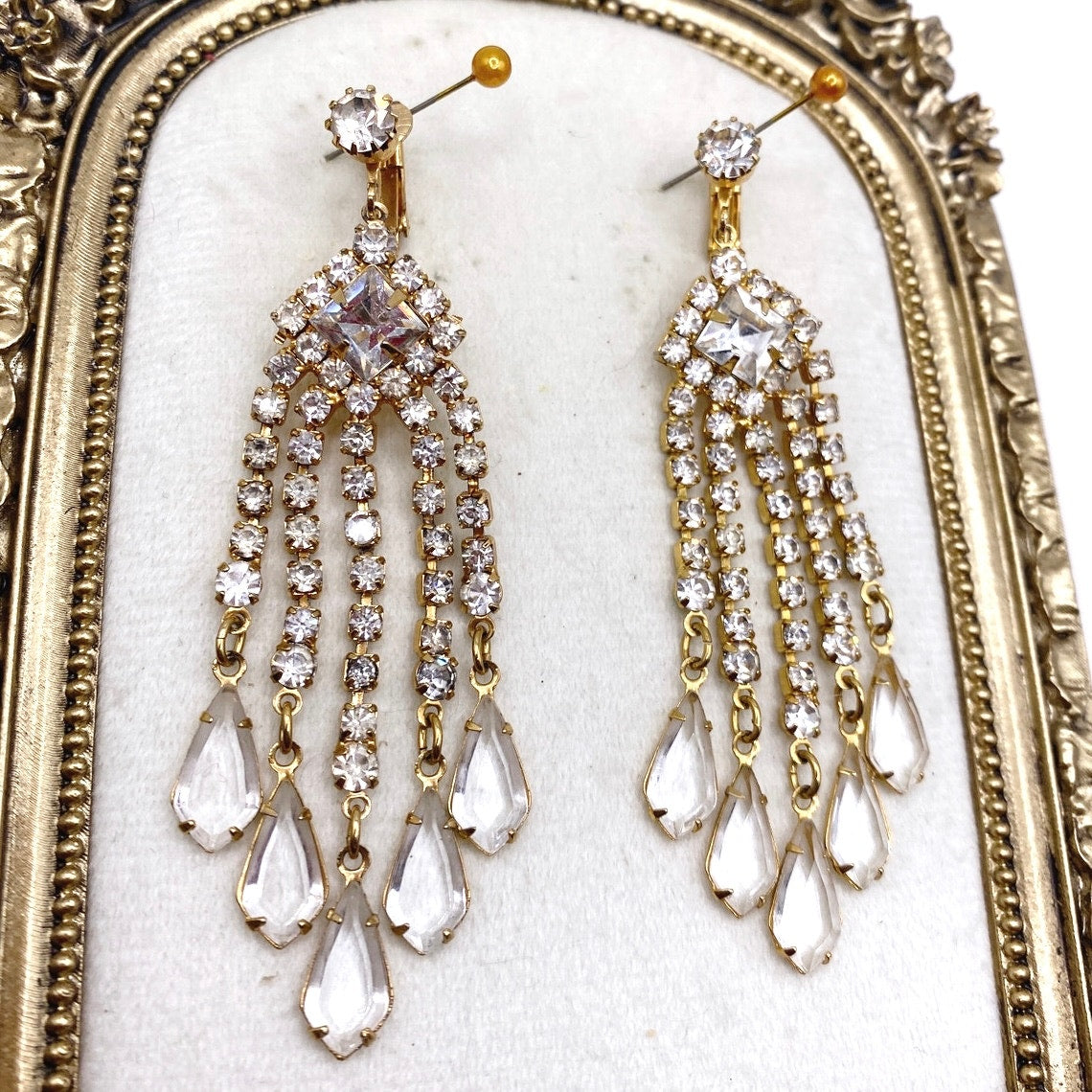 Vintage Glass and Rhinestones Chandelier Clip On Earrings 3"