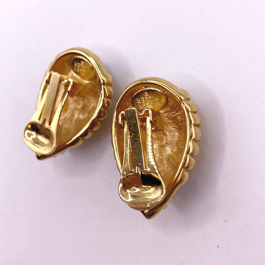 Nolan Miller Vintage Clip On Earrings Gold Tone and Rhinestones White and Blue