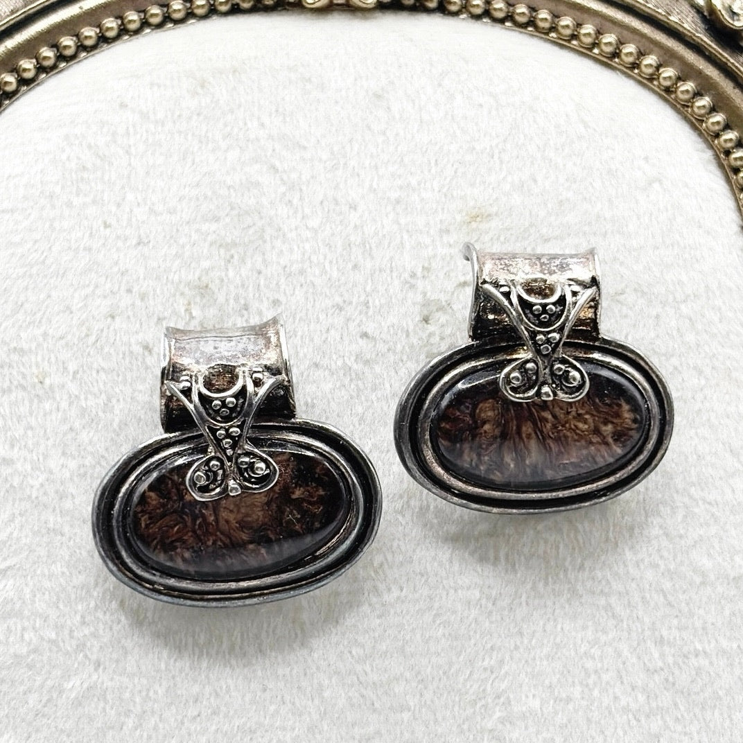 Vintage Gunmetal Tone Retro Style Studs with Brown Marble Stone