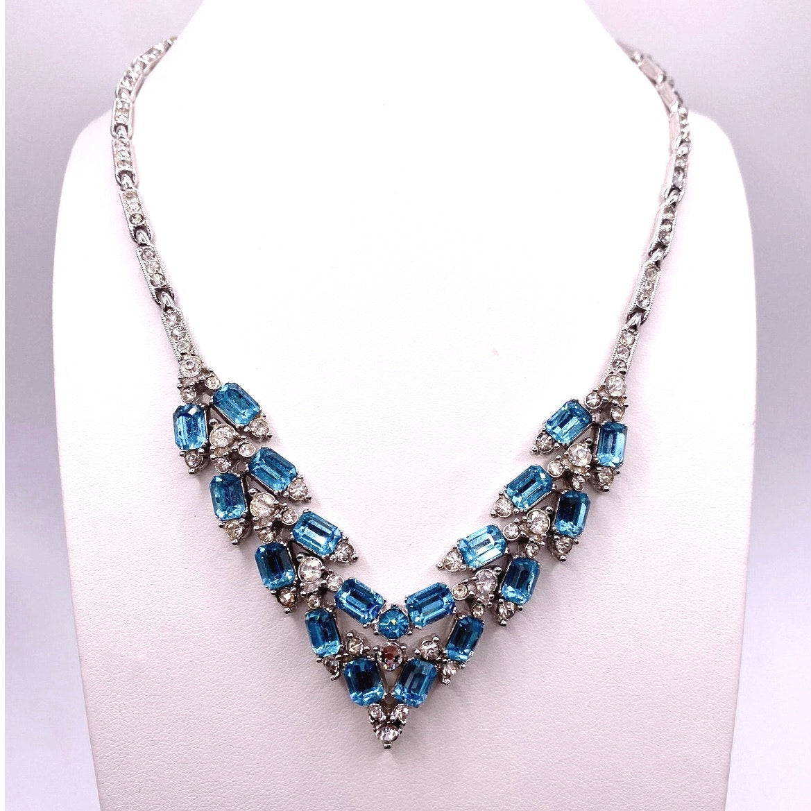 Bogoff Signed Vintage Necklace with Blue and White Rhinestones