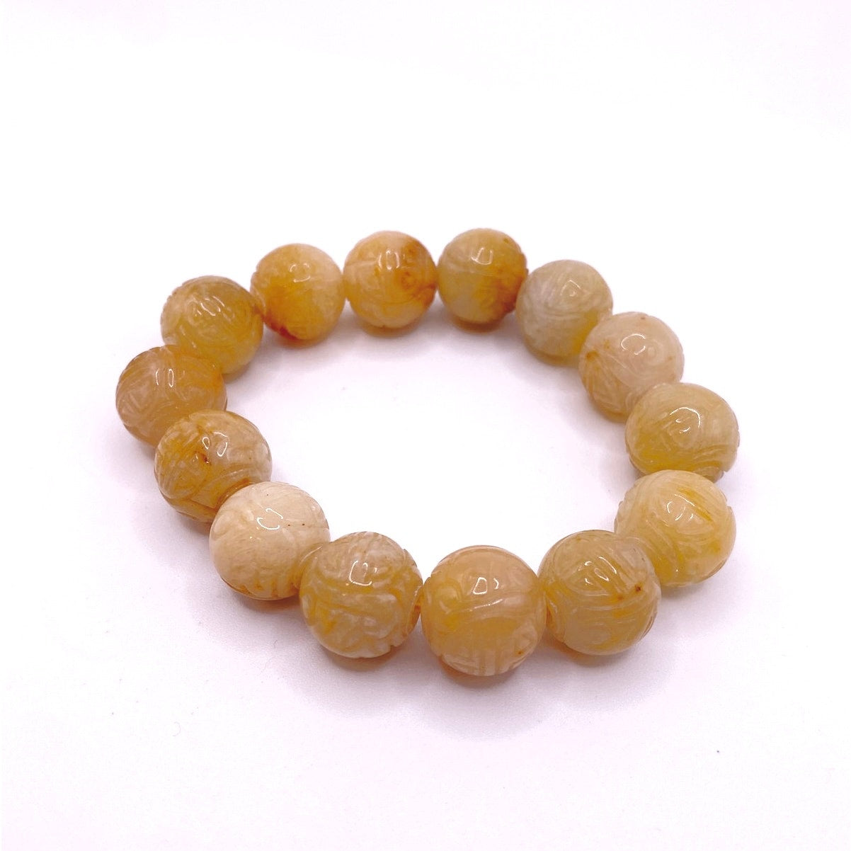 Burmese Carved Jade Bead Stretchy Bracelet - Natural Yellow Jade (12mm) 7-8”