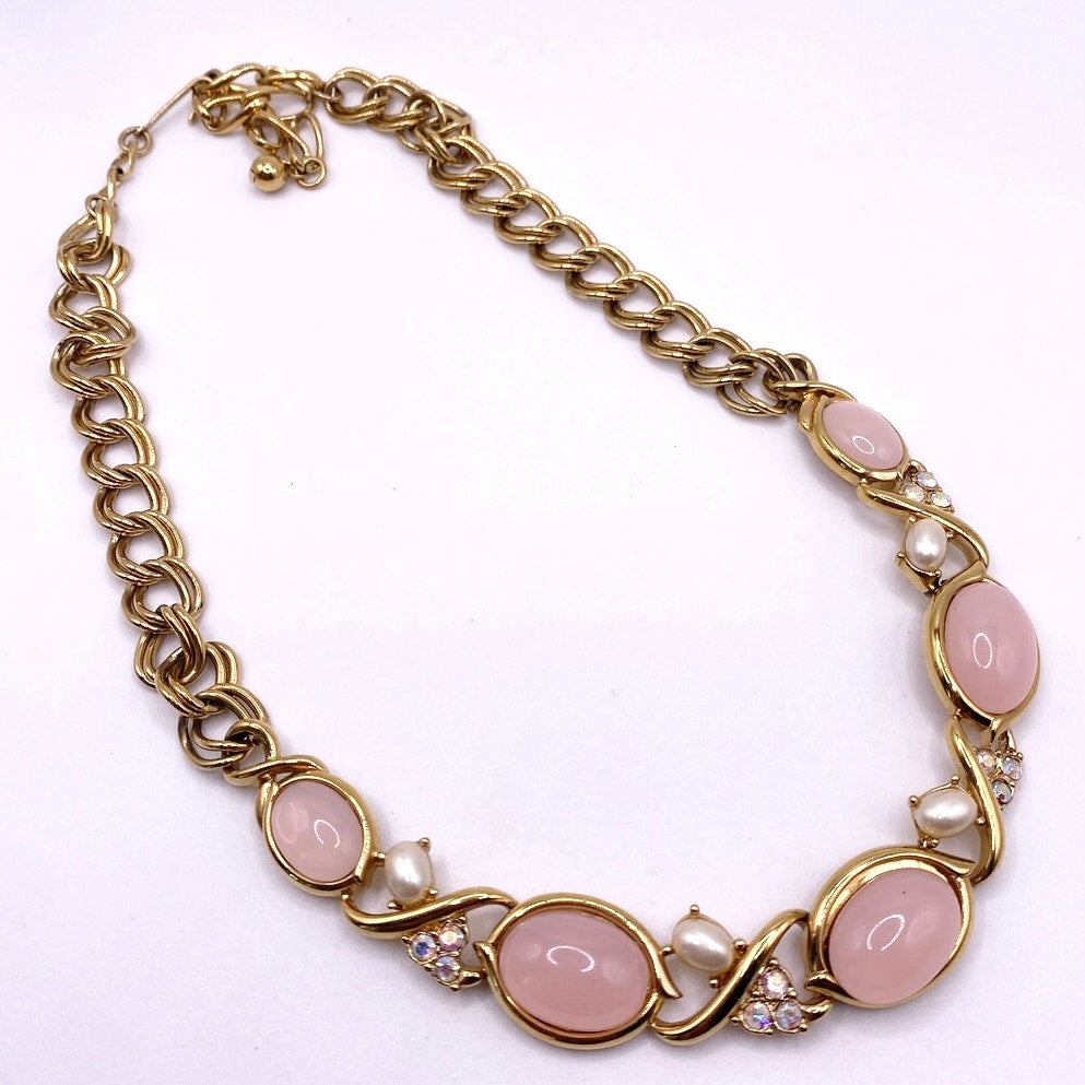 Trifari Vintage Necklace With Soft Pink Lucite Cabochons Stones