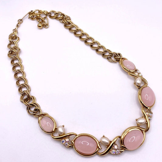 Trifari Vintage Necklace With Soft Pink Lucite Cabochons Stones
