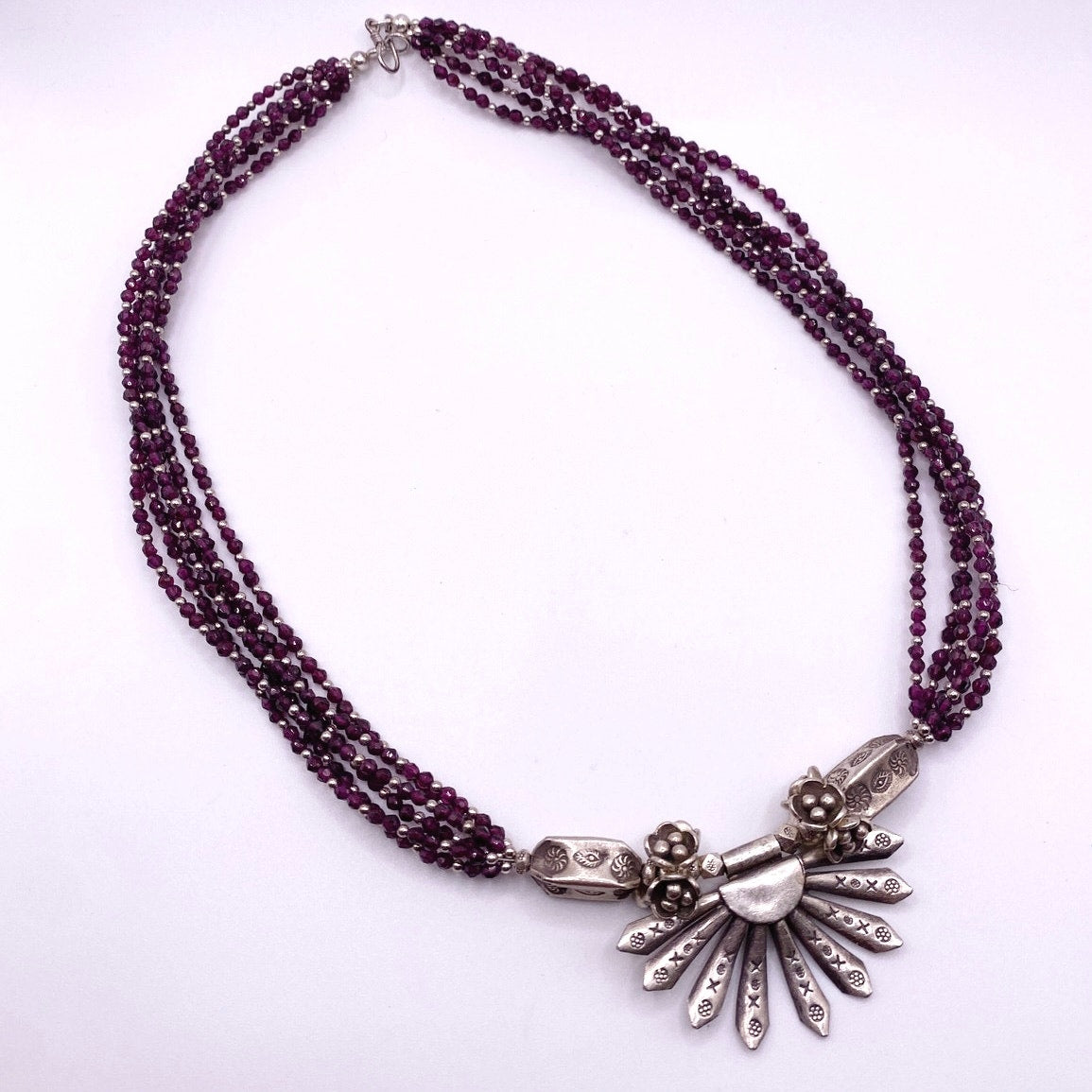 Stunning Sterling Silver Multi strand Fuchsia Garnet Necklace 20”