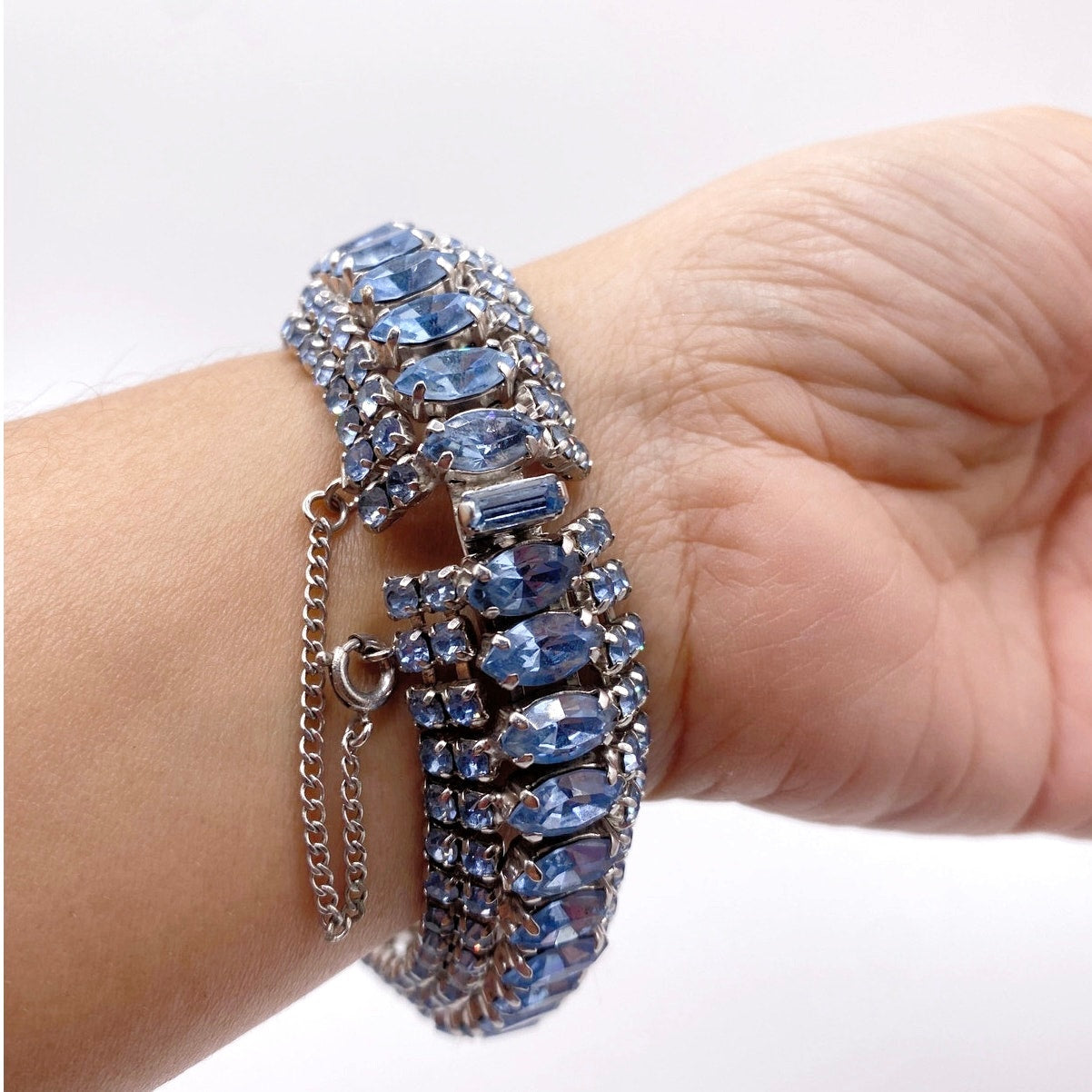 Sapphire Blue Rhinestones And Silver Tone Vintage Necklace and Bracelet Set