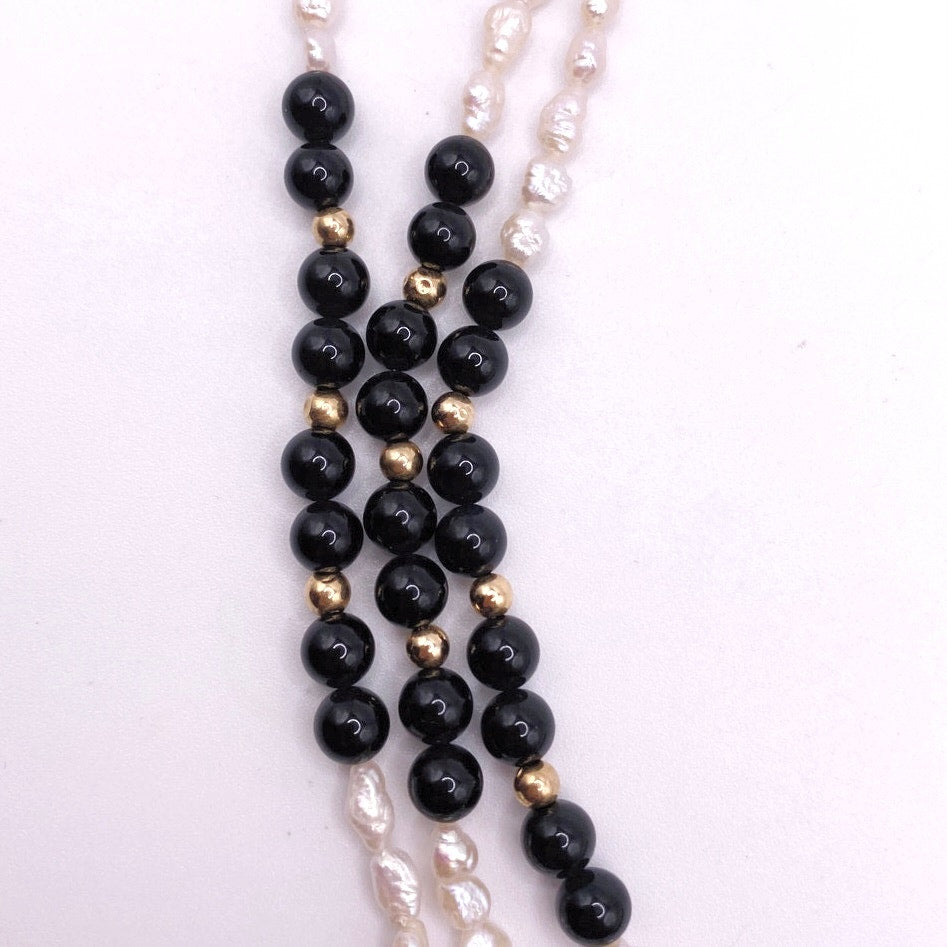 Three Strand 14k Gold Beads and Clasp Rice Mother of Pearl Onyx Necklace 16.5”