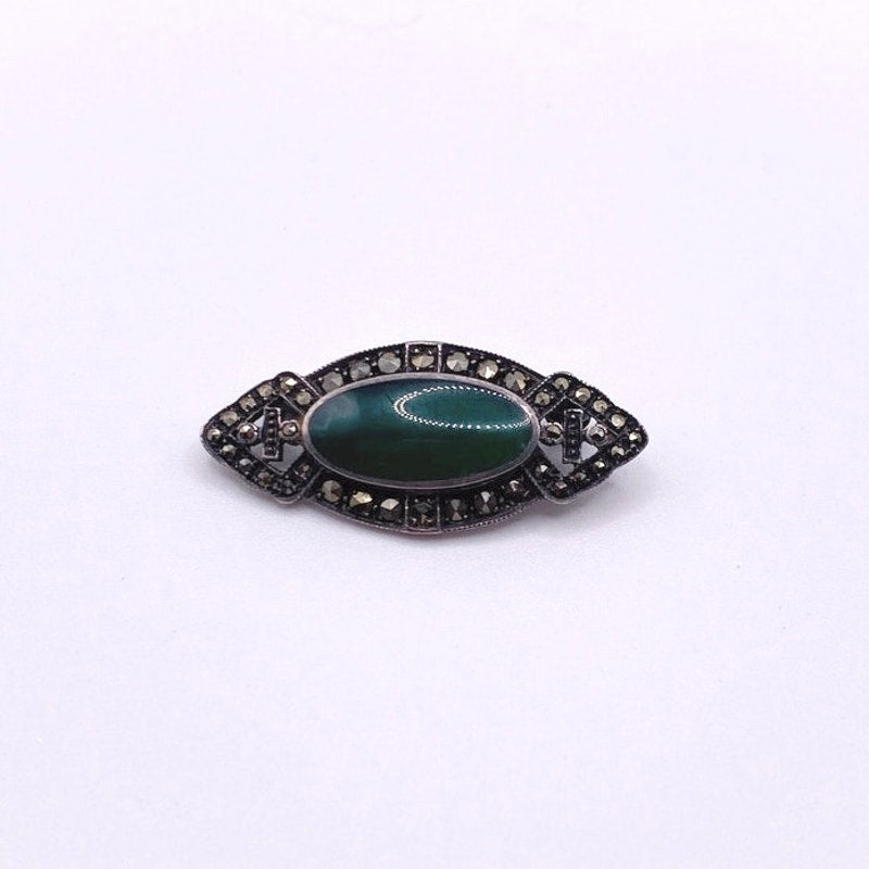 Art Deco Sterling Silver and Green Agate Brooch With Marcasite