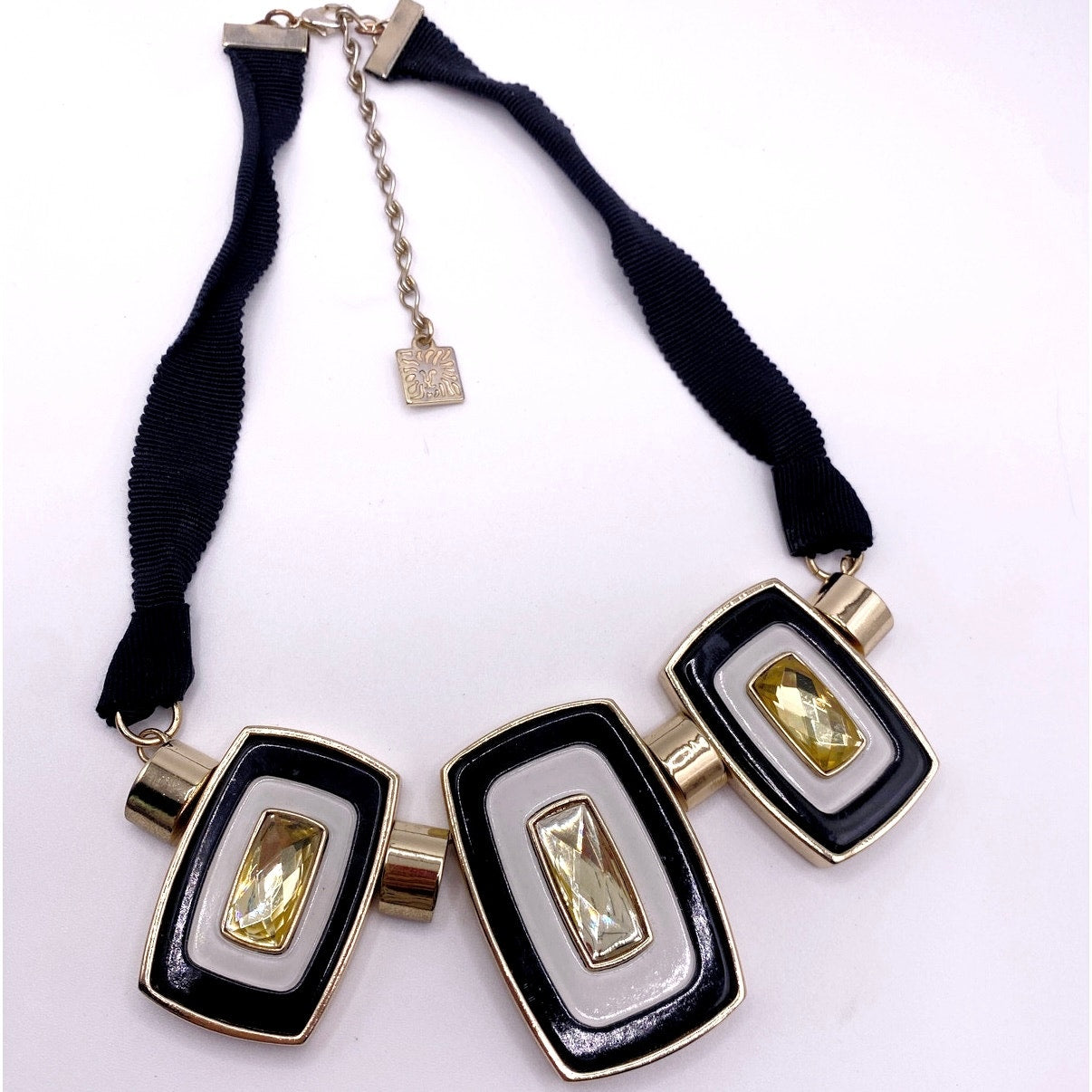 Anne Klein Signed Vintage Ribbon Necklace Black and Gold Toned
