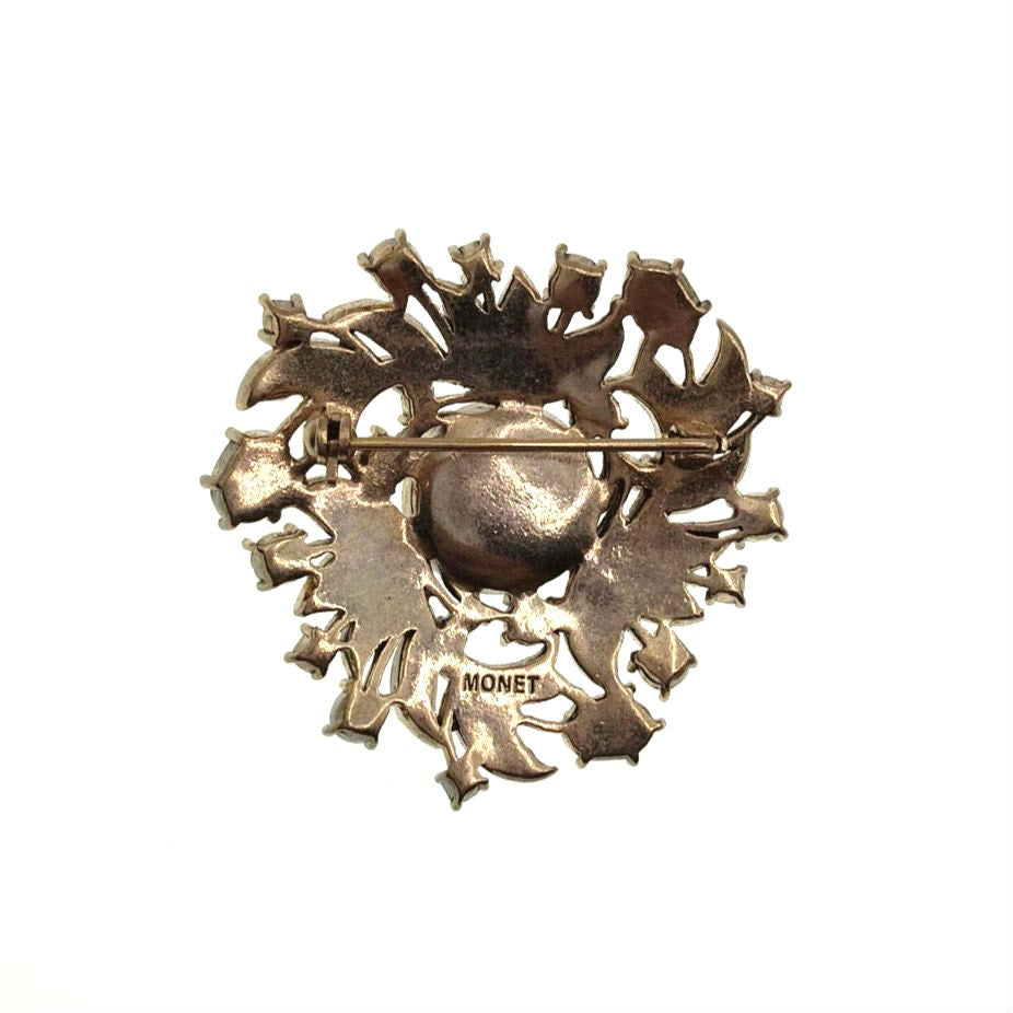 Monet Enamel and Faux Pearl Floral Brooch White and Cream 2”