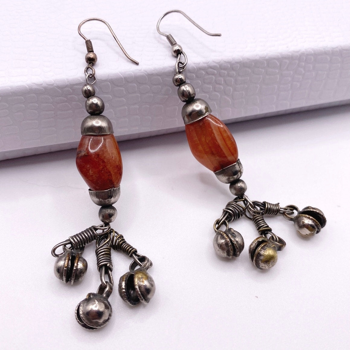Vintage Tribal Drop Dangle Earrings With Carnelian Stone