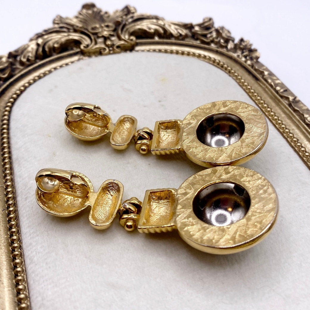 Two Tone Vintage Clip on Dangling Earrings 2” Modernist Designs