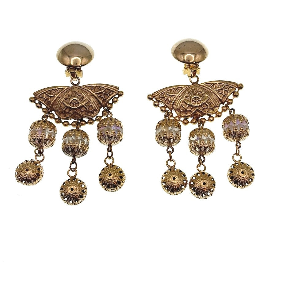 Vintage Brass Clip On Statement Butterfly Chandelier Earrings with AB Beads