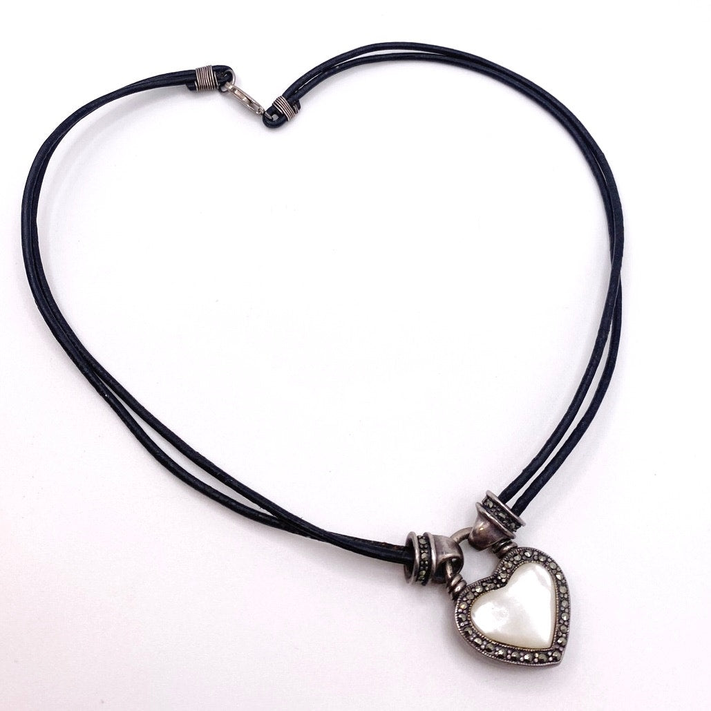Sterling Silver Reversible Pendant Onyx and Mother of Pearl Necklace on a Cord