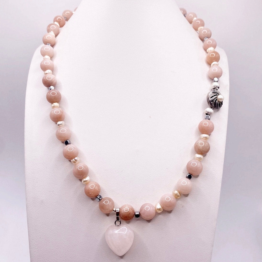 Rose Quartz Heart Sunstone and freshwater Pearls, Hematite Beads Necklace 16”