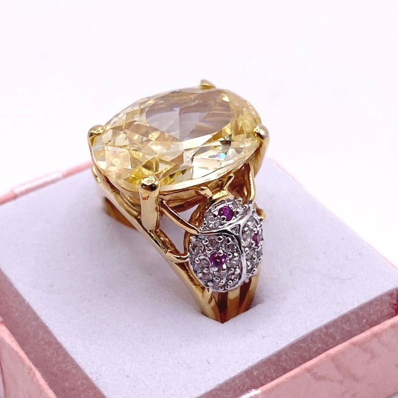 Gold Electroplated Cocktail Ring with Lab Created Rubies and large Yellow Topaz Size 7