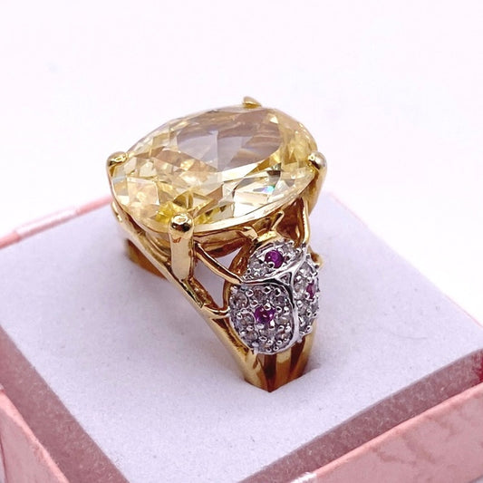 Gold Electroplated Cocktail Ring with Lab Created Rubies and large Yellow Topaz Size 7