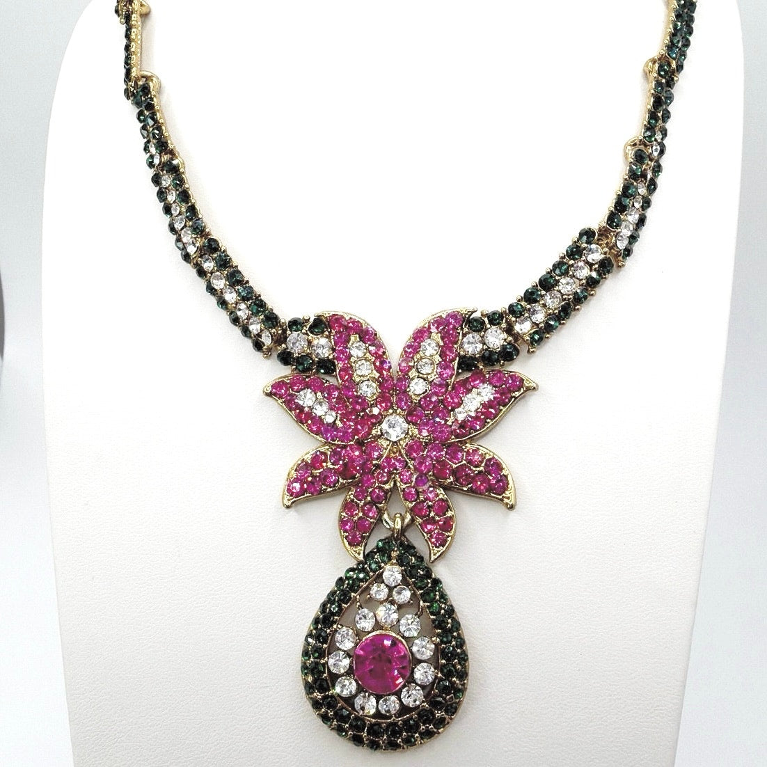 Vintage Full Rhinestones Floral Collar Necklace 17”