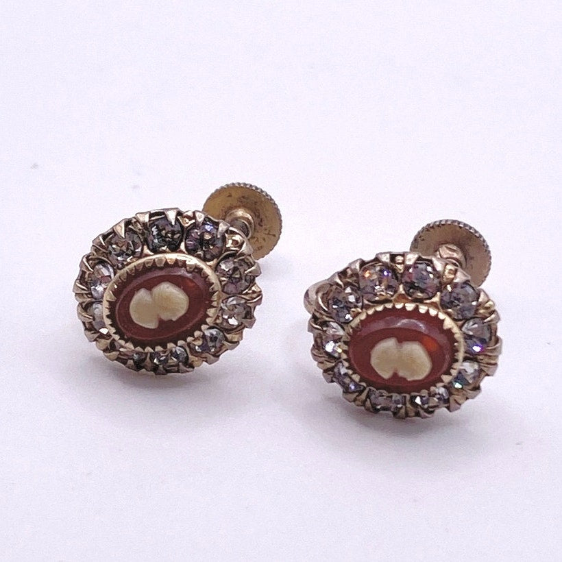 Vintage Screw Back Resin Cameo and Rhinestones Gold Tone