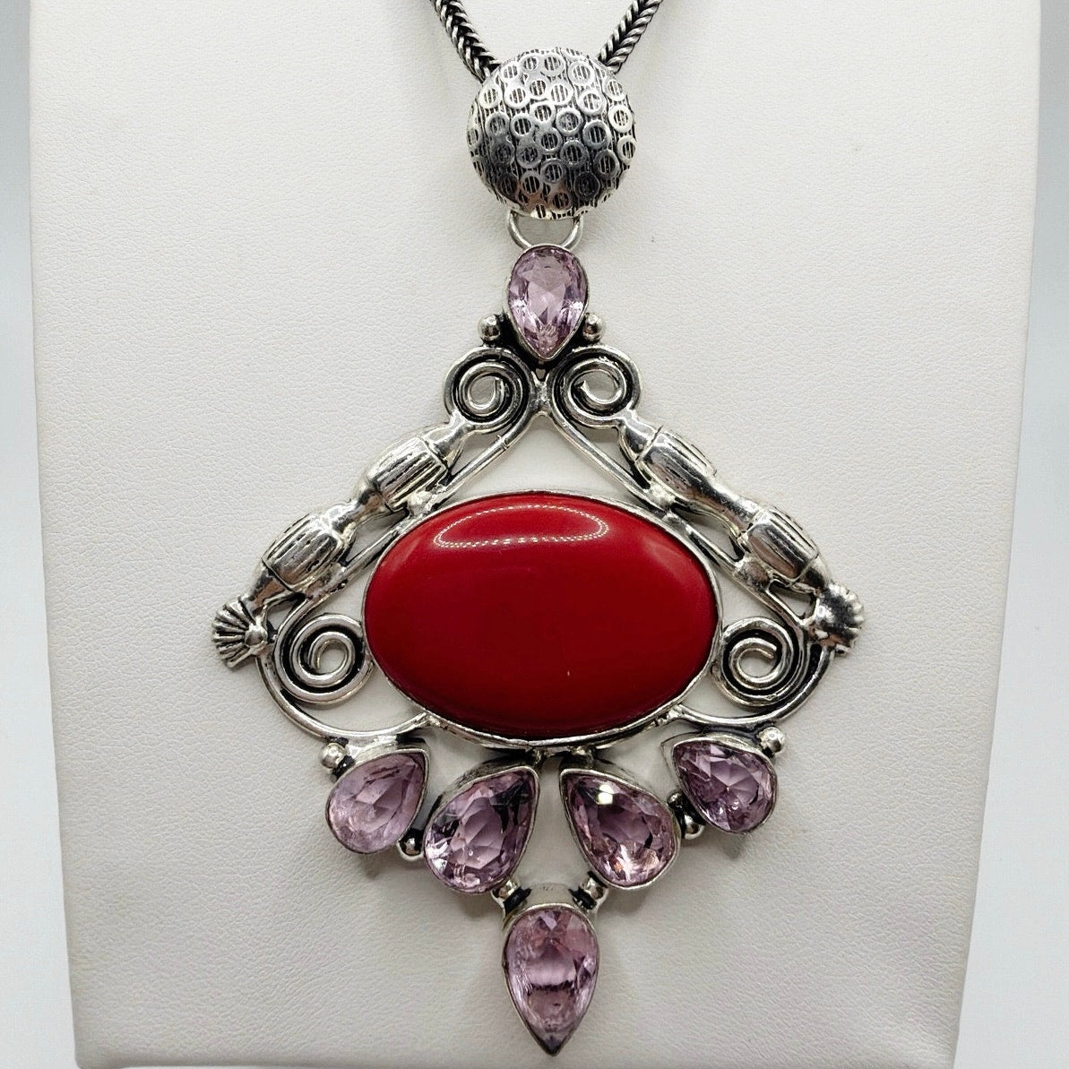 Sterling Silver Necklace 16" and Pendant 3" With Faux Coral and Amethyst Stones