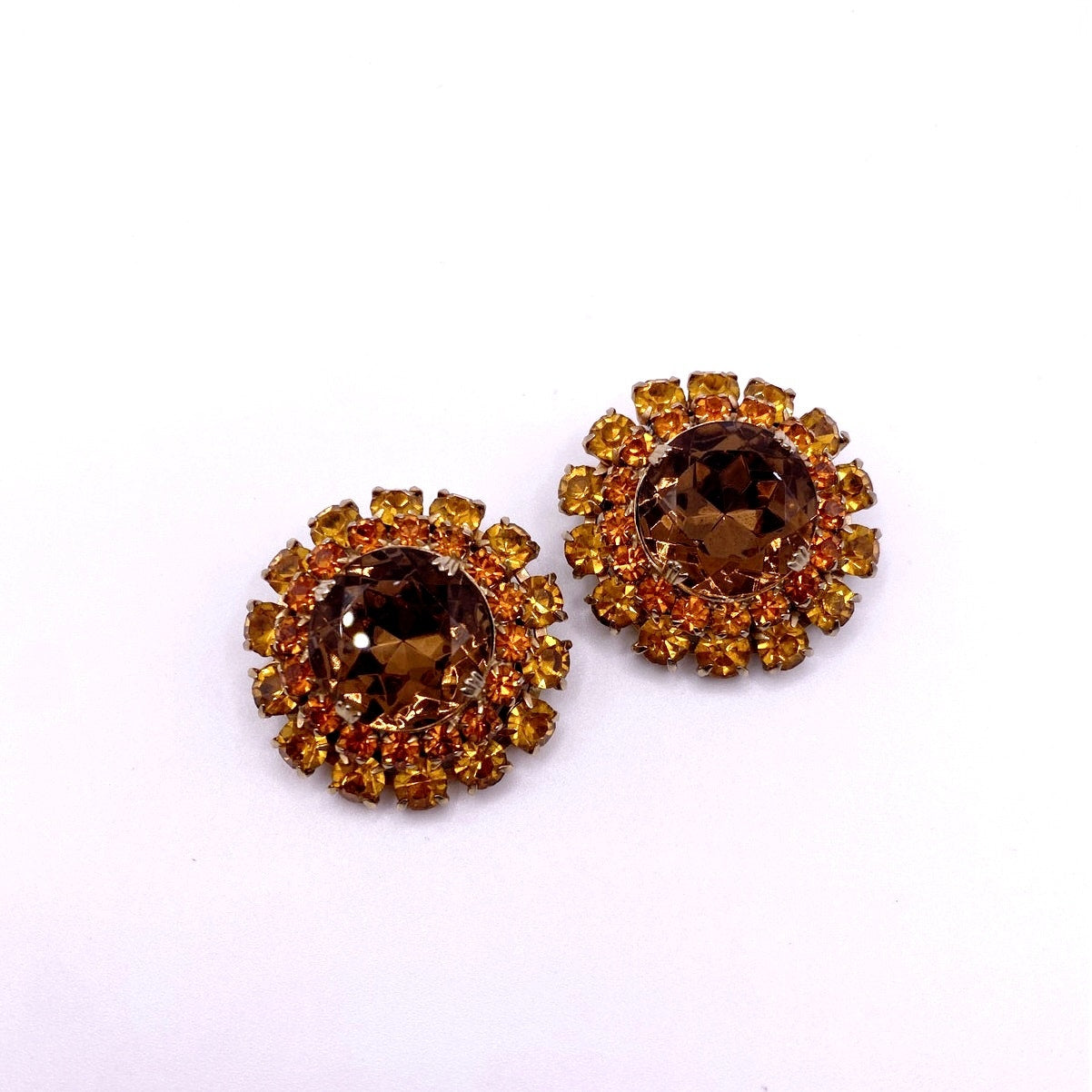 Vntg Yellow Topaz Tone Austrian Crystals Large Clip On Earrings