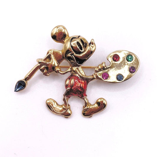 Vintage Mickey Mouse Artist Paint Pallet Brooch With Rhinestones