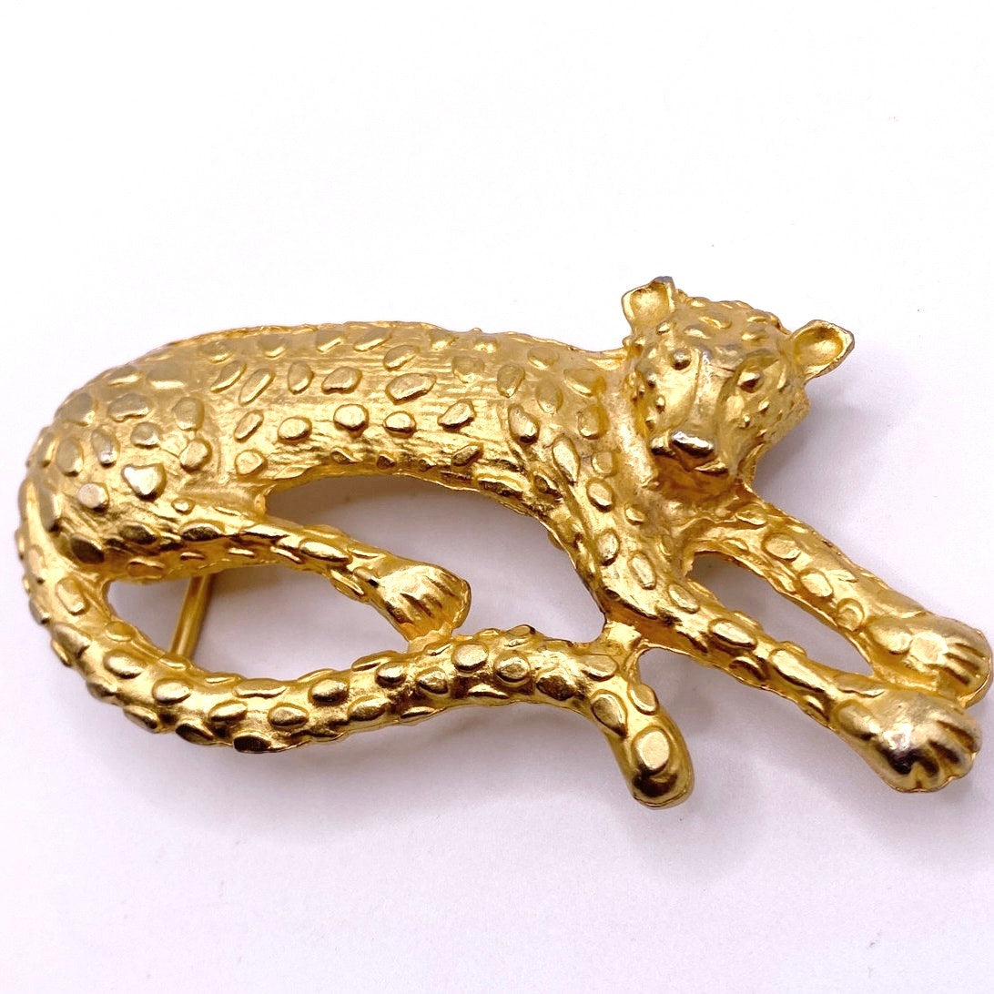 Gold Tone Leopard Vintage Belt Buckle 4”