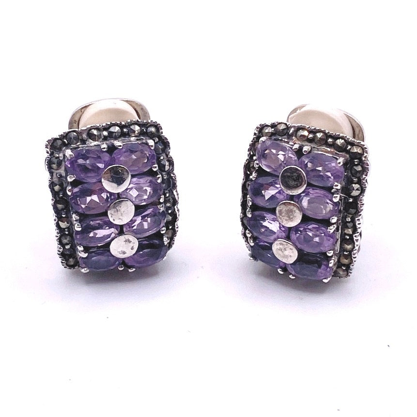 Sterling Silver And Amethyst Gems Vintage Clip On Earrings