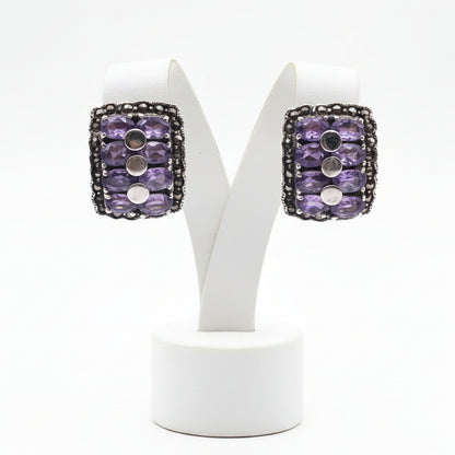 Sterling Silver And Amethyst Gems Vintage Clip On Earrings