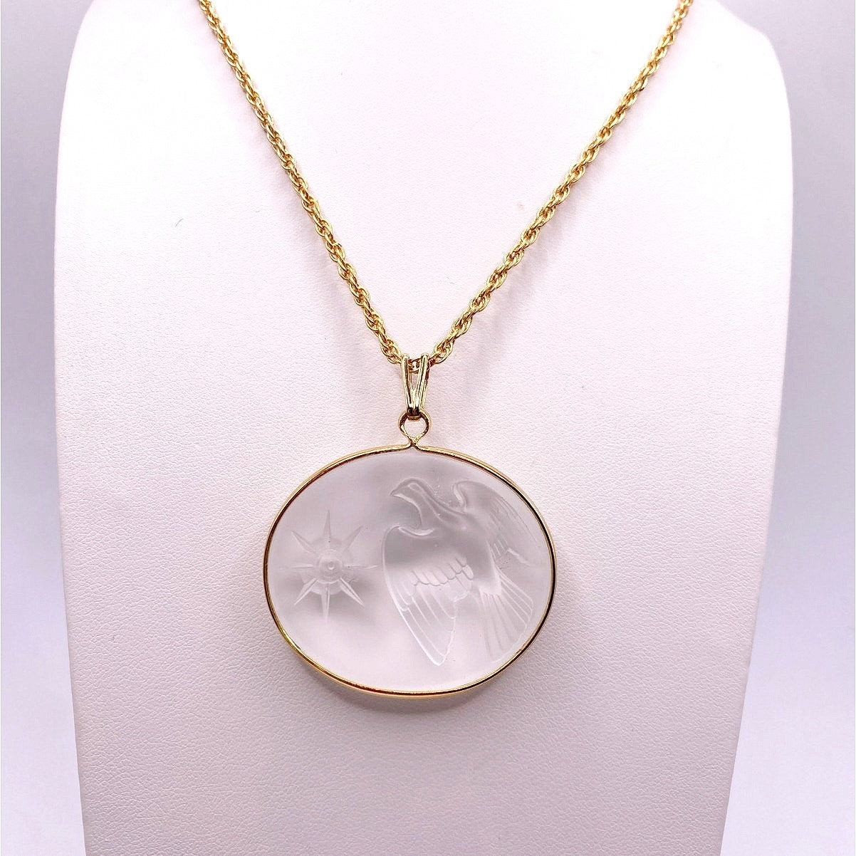 Nina Ricci Lalique Frosted Glass Peace Dove with Star Pendant Necklace Gold Tone