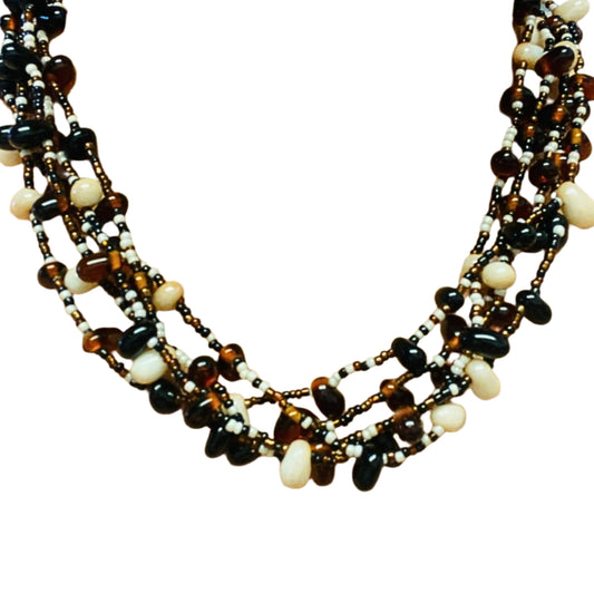 Vintage Brown and White Glass Beads Necklace