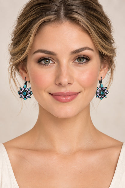 Joan Rivers Gun Metal and Rhinestones Flower Earrings Lever-back