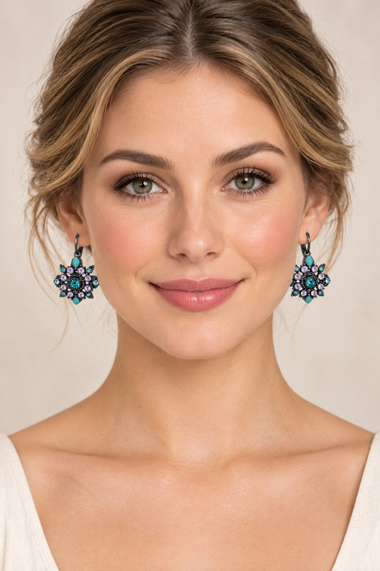 Joan Rivers Flower Earrings with Gun Metal Rhinestones, Lever Back Closure, Very Good Condition - alternate view