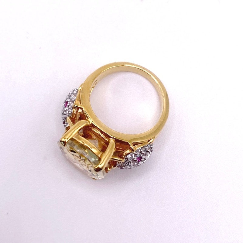 Gold Electroplated Cocktail Ring with Lab Created Rubies and large Yellow Topaz Size 7