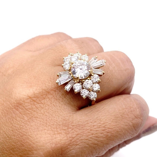 14k Solid Gold Ring with C Zirconia Crystals on Art Deco Design Size 6