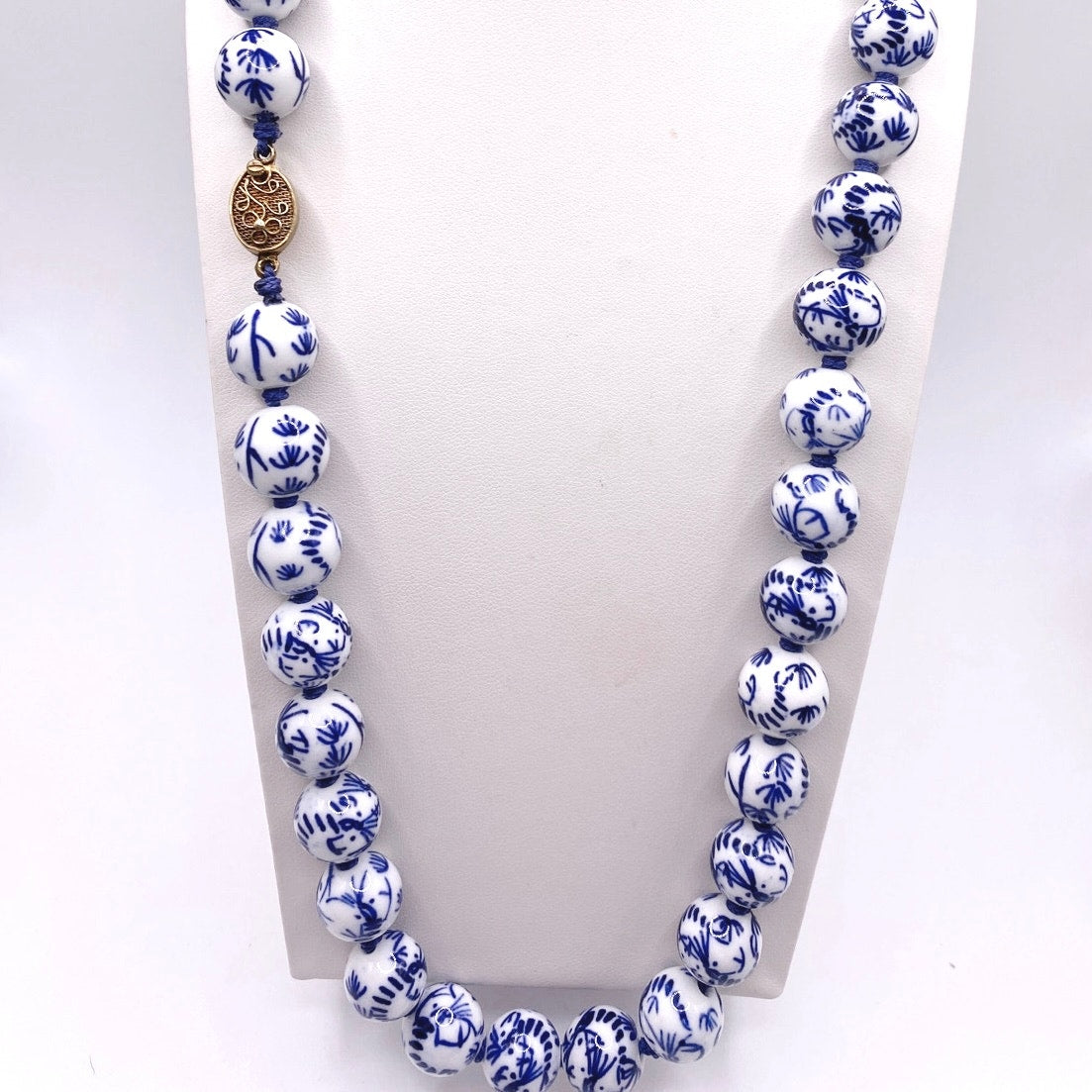 Vintage Chinese Necklace Hand Painted Blue and White Porcelain Beads 22”