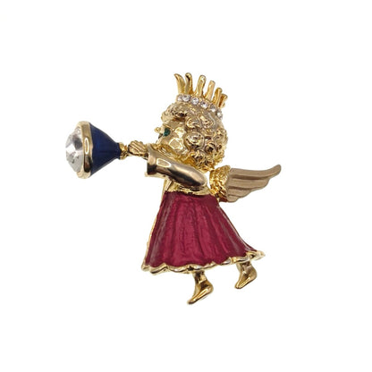 Rhinestones and Enamel Angel with Trumpet Brooch