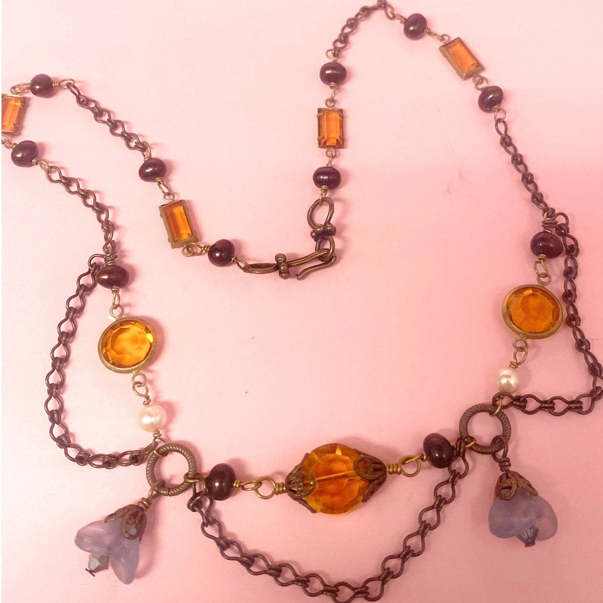Vtg Bohemian Glass & Pearl Filigree Necklace