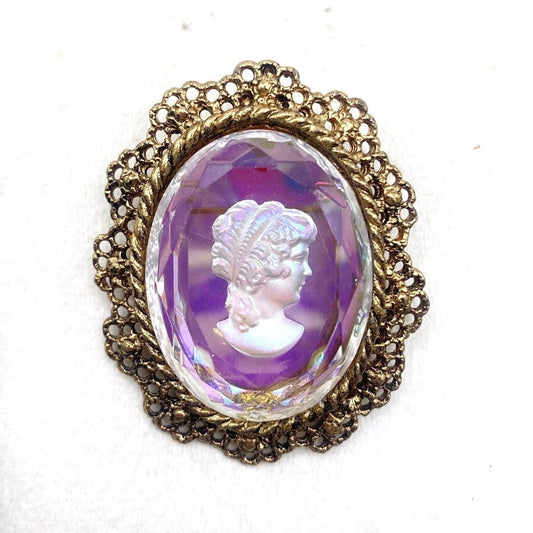 Vintage Brooch and Pendant Intaglio Glass Cameo Gold Tone Filigree Chrome 2”