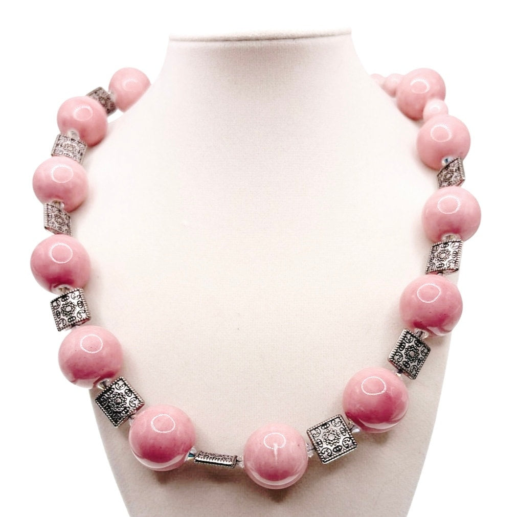 Soft Pink Ceramic Beaded Long Necklace 26”