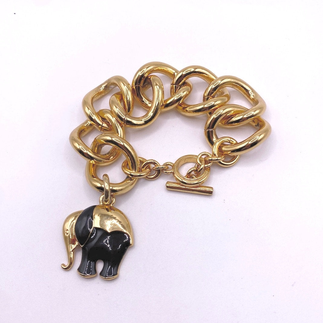 Trina Turk Vintage Chunky Links Bracelet Gold Tone Elephant Charm 8”