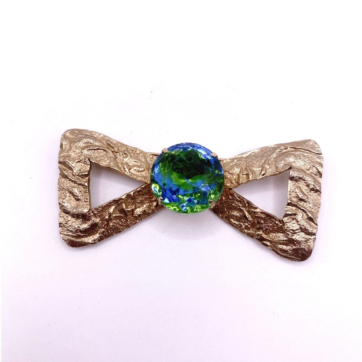 Vintage Brooch Bow with Bohemian Green and Blue Glass 2” long