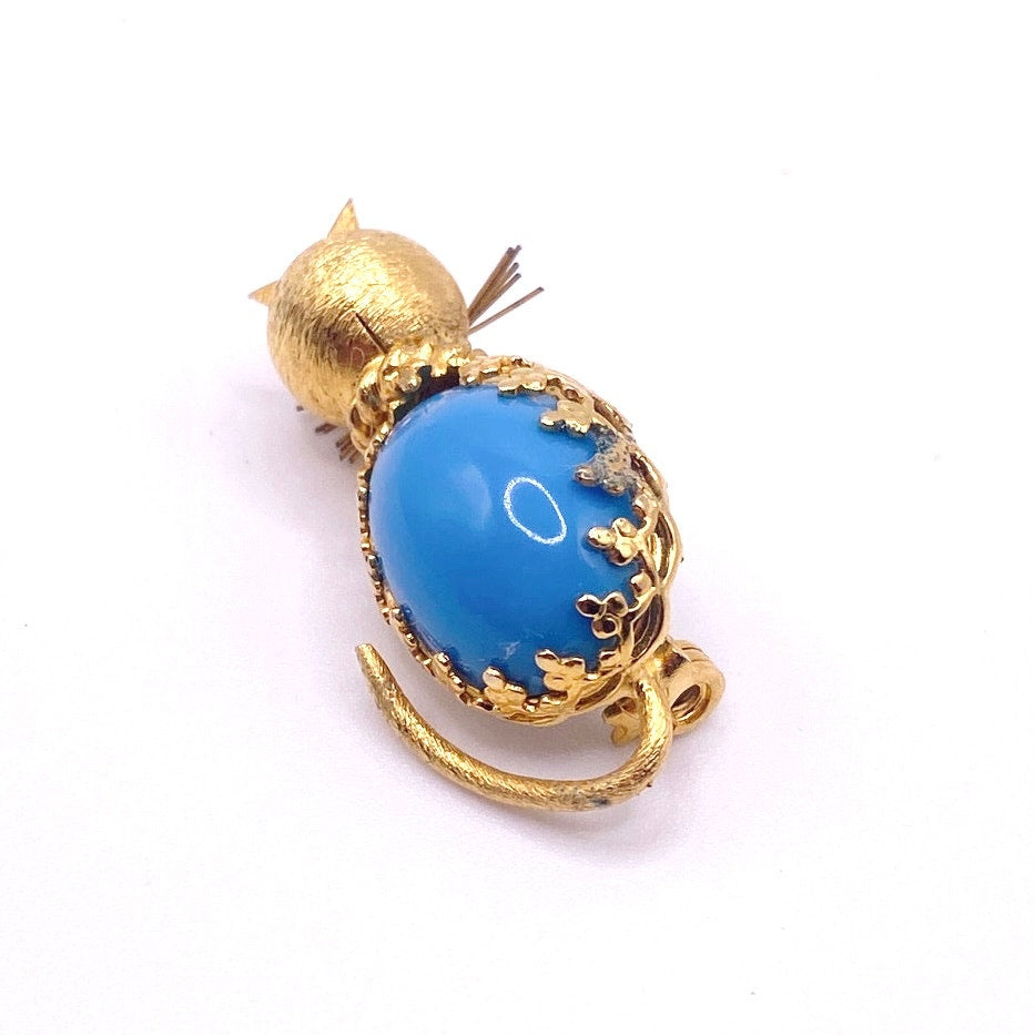 Cat Small Pin Jelly Belly Style Faux Blue Turquoise Tone Cabochon